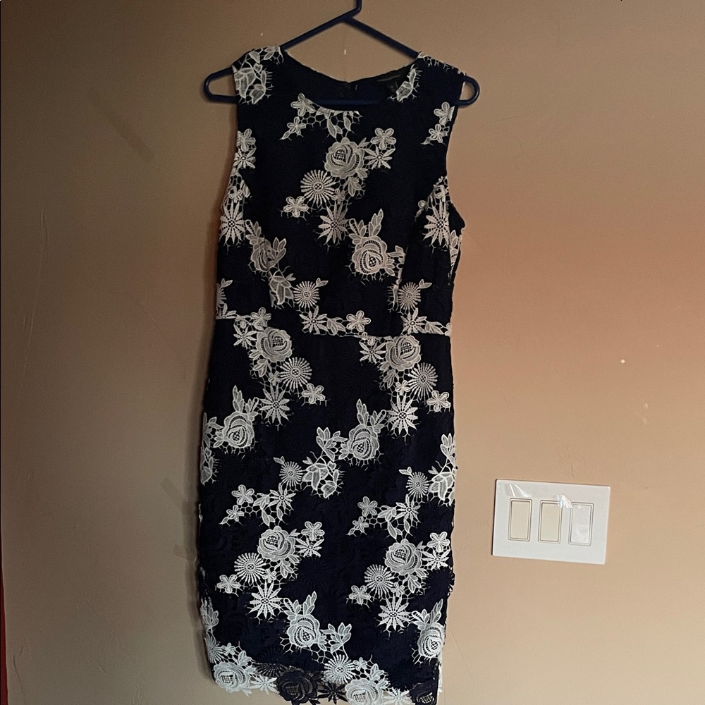 Banana Republic Gorgeous Lace Navy Midi Dress with White Floral Lace Overlay.